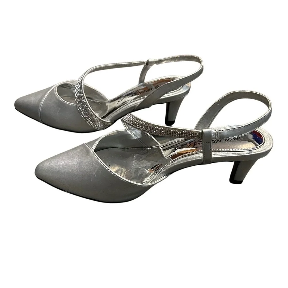Easy Street Alive 5 Silver Satin Rhinestone Slingback Kitten Heel‎ Pumps 6.5W